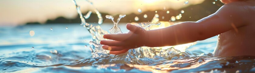 Showcasing the pure joy of childhood, capture the moment when small hands break the surface of the water, creating ripples of happiness , Vector  design, minimal styles, copy space