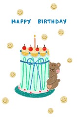 cute teddy bear with blue birthday cake and cherry with pink candle on top , smiley bubbles on white background . happy birthday illustration card.