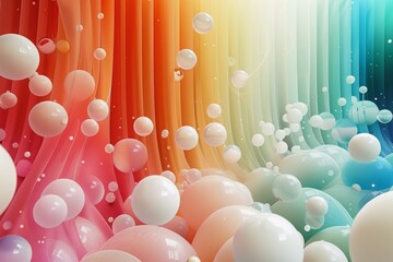 The image is showing a lot of pastel color bubbles floating up in the air with a rainbow color background.