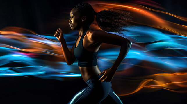 side view of athlete woman jogging on black background, professional running sport, fast speed trace and blurred motion, person runner concept
