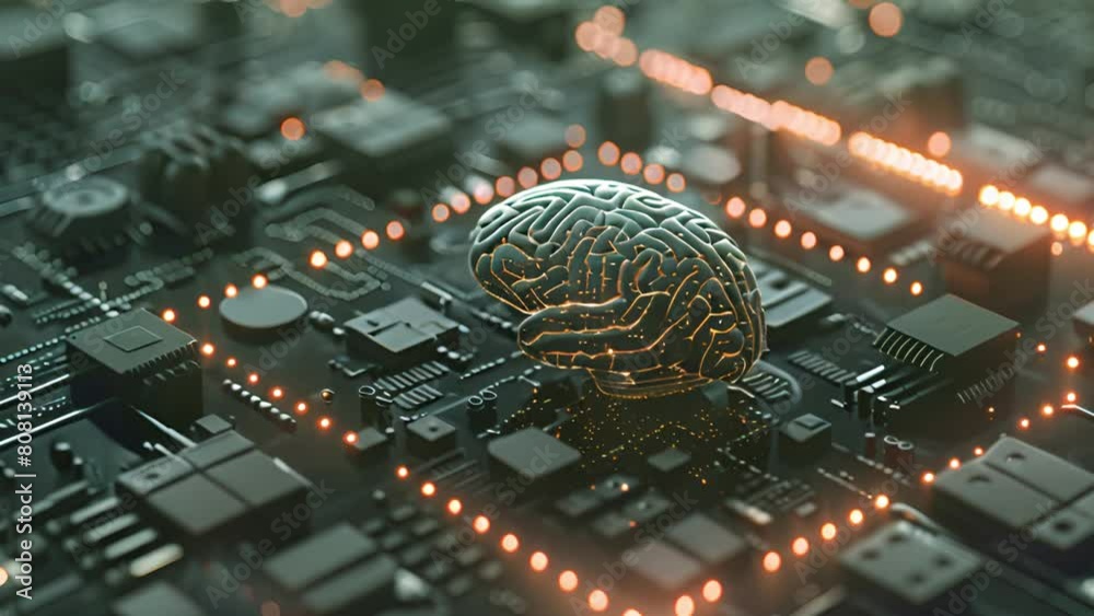 Poster a computer circuit board with a human brain resting on top, symbolizing the connection between techn
