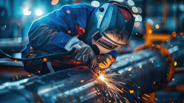 Close-up of a skilled worker performing TIG welding on a stainless steel pipe, sparks and light reflections visible.