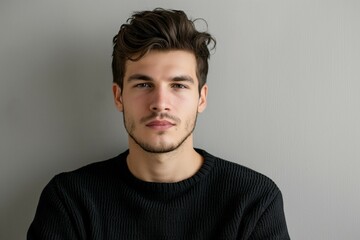 Fototapeta premium Portrait of young man with dark hair and light eyes wearing black sweater
