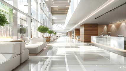 Contemporary hospital lobby featuring stylish design, cozy seating, and inviting ambiance. Concept Hospital Design, Stylish Lobby, Cozy Seating, Inviting Ambiance
