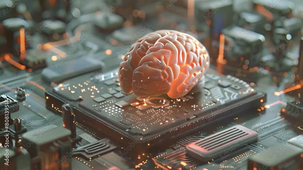 Poster a computer processor with a brain placed on top, symbolizing artificial intelligence and technologic