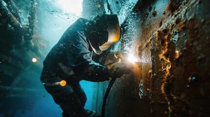 Close-up of a welder performing critical underwater welding on a ship hull, bubbles and light in murky water.