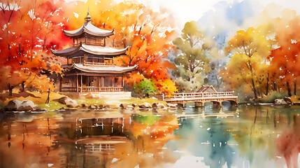 Paint a watercolor background of a serene Buddhist temple surrounded by autumn foliage, capturing a moment of peace and reflection