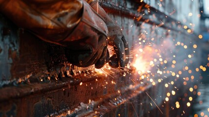 Close-up of a welder using advanced flux core welding techniques on heavy machinery, with intense focus and precision