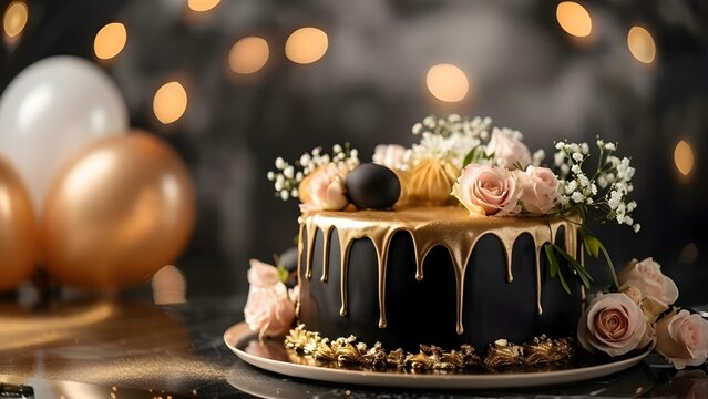 Elegant black cake with gold icing flowers and balloons for a birthday celebration. Concept Birthday Cake, Elegant Decor, Gold Accents, Celebration Balloons