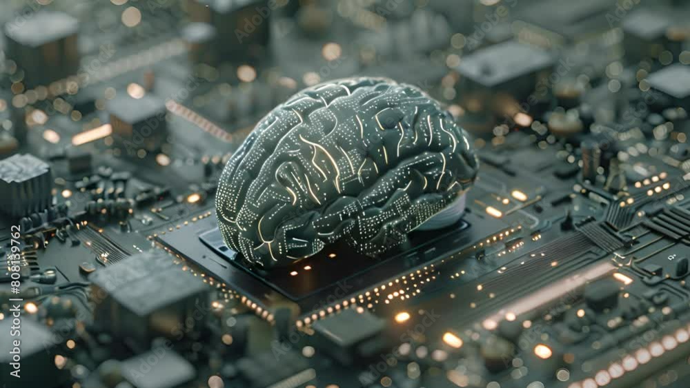 Poster a computer circuit board with a realistic brain sitting on top of it.