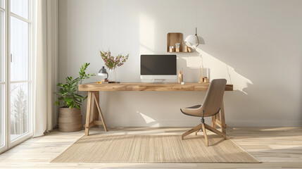 minimalist home office, a minimalist studio apartment work corner is accentuated by a basic wooden desk and sleek office chair against a white wall