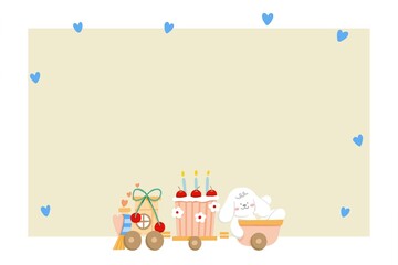 a white dog with flower and pink birthday cake on train frame , birthday card decoration for blessings , cute background.