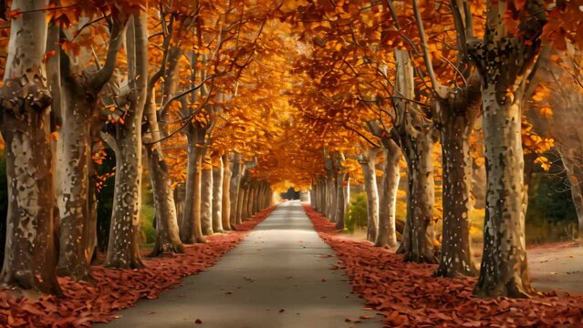 A scenic road bordered by numerous trees covered in vibrant fall leaves, creating a colorful and picturesque autumn landscape, A stunning panorama of a tree-lined avenue during fall