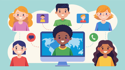 Kids can participate in online language exchange programs using advanced video conferencing technology allowing them to connect with other students. Vector illustration