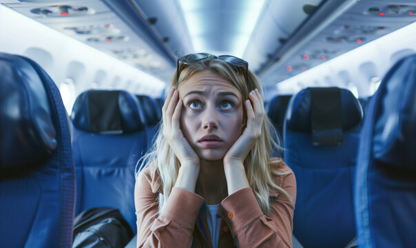 The image shows an airplane passenger facing his fear of flying.