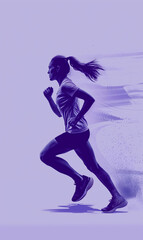 side view of athlete woman jogging on purple background studio shot, professional running sport, fast speed trace and blurred motion, person runner concept