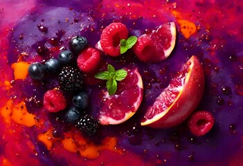 AI generated illustration of fresh fruits in a purple bowl with pink liquid and a green leaf