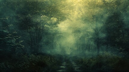 Mystical Aura, Coarse grain, Moderate contrast, Fine texture, Mystical mood, Nature composition, Soft, diffused lighting, Texture overlay post-processing, Forest scenes subject matter