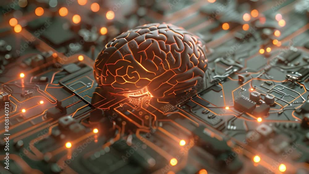 Poster a brain rests on top of a computer circuit board, symbolizing the fusion of artificial intelligence 