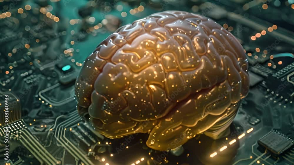 Poster a brain sits atop a computer circuit board, symbolizing the integration of technology and intelligen