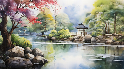 Paint a watercolor background that embodies the tranquility of a zen garden in the early morning