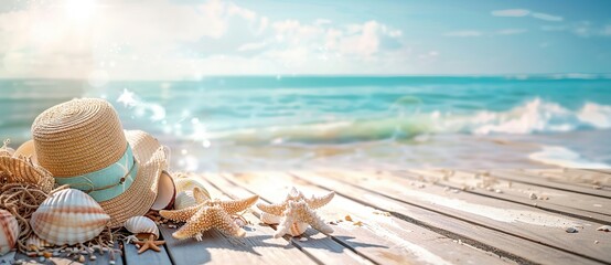 Beach background with shells, starfish and straw hats.