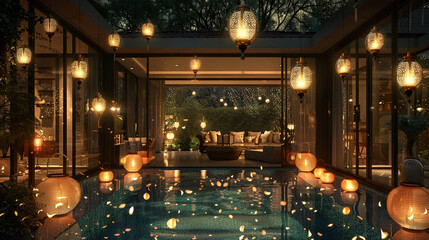An enchanting view of a luxury villa at night, with a pool surrounded by lanterns that flicker like fireflies in the dark. 