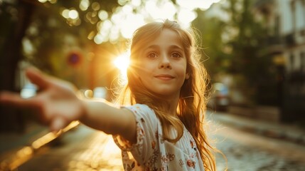 Girl reaching toward camera facing away, little girl reaching out to sun with happy expression on her face, light summer vacation travel adventure