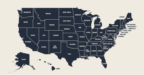 USA Map. Poster map of United States of America. Print of USA with name states, poster or geographic, political theme. Infographic graphic design print map of USA states. Vector Illustration