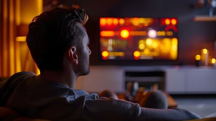 Obraz premium A man watches streaming service on smart TV at home. Concept Home Entertainment, Streaming TV, Relaxing Lifestyle, Modern Technology, Domestic Leisure