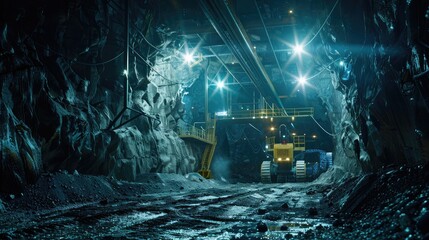 Night shift at a gold mine, with lights illuminating the industrial scene.