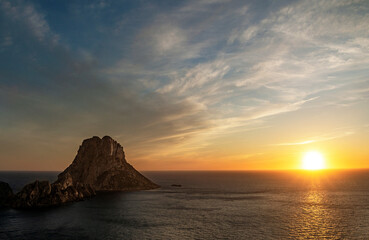 Es Vedra island beautiful sunset panorama, Sant Josep de Sa Talaia, Ibiza, Balearic Islands, Spain

