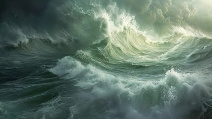 A powerful wave crashes amidst a vast expanse of water, creating a dramatic scene, A turbulent hurricane at sea
