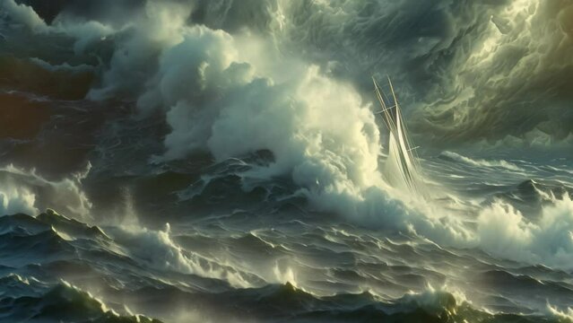Stormy Ocean: A Painting of a Boat Battling the Waves, A turbulent hurricane at sea