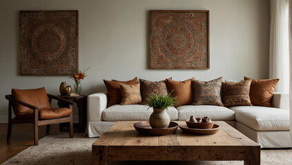 Rustic coffee table near white sofa with brown pillows against wall with two poster frames. Boho ethnic home interior design of modern living room