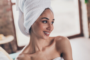 Portrait of pretty peaceful female person toothy smile wear towel head inspiration daily routine apartment indoors