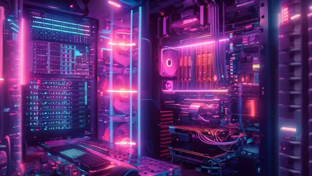 This photo captures a room packed with numerous computer systems and servers, creating a bustling and technology-driven atmosphere, A virtual reality tour of inside a computer machine