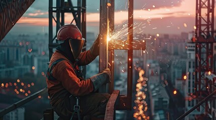 Structural welder at dusk, welding critical connections on a new sports stadium structure.