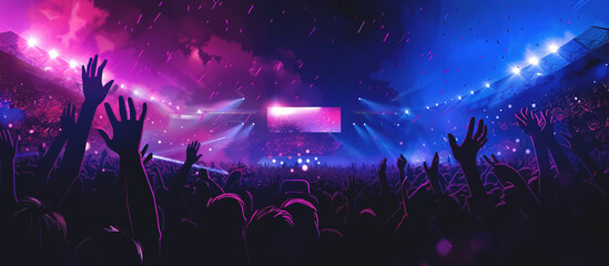 happy music fan crowd at concert at stadium, illuminated performance show, excited people dancing back view