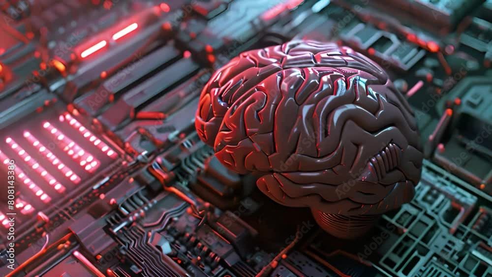 Poster an illustration showing a computer processor with a brain placed on top of it, symbolizing the conne