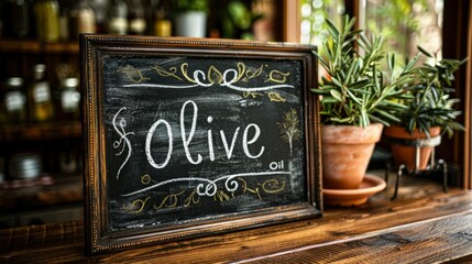 Obraz premium calligraphy art, a charming vintage chalkboard with elegant calligraphy displaying olive oil a stylish decor piece ideal for kitchens or dining rooms