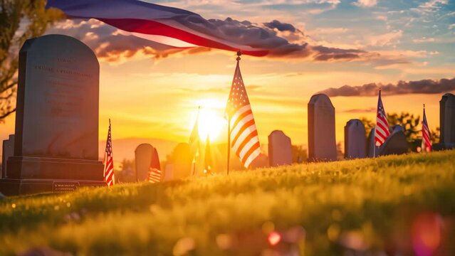 A cemetery at sunset with American flags prominently displayed in the foreground, A beautiful sunset over a national cemetery with American flags at each gravestone for the Memorial Day