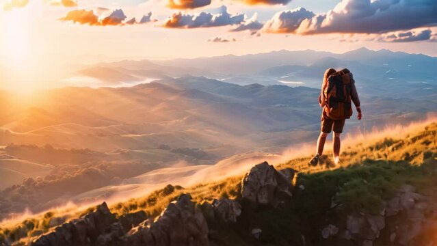 A person stands on top of a grass covered hill, overlooking the landscape, A breathtaking vista of rolling hills and valleys with a backpacker overlooking it