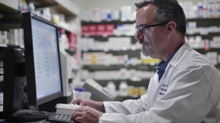 Pharmacist Verifying Prescription Details on Digital Screen Before Medication Dispensing