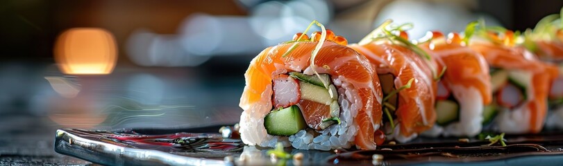 Delicious sushi rolls with salmon, avocado and rice isolated on dark background.