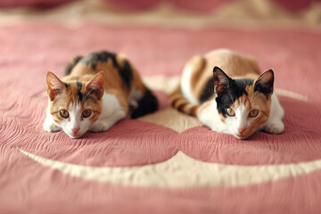Two calico cats lie on the pink bed, portrait, minimalism - Powered by Adobe