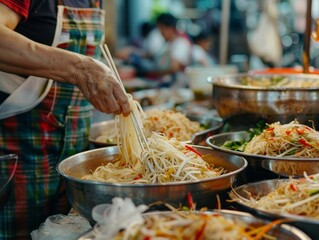 Obraz premium Authentic Thai Street Food Vendor Preparing Papaya Salad in Bustling Local Market