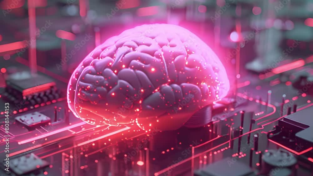 Poster a brain sits atop a computer circuit board, symbolizing the integration of technology and intelligen