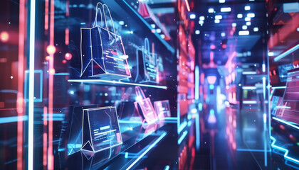A futuristic shopping mall with a display of bags and purses by AI generated image