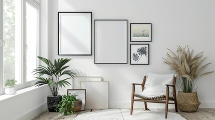 Minimalist Nomadic Gallery Wall with Chic Art Frames and Plants in Modern Home Interior